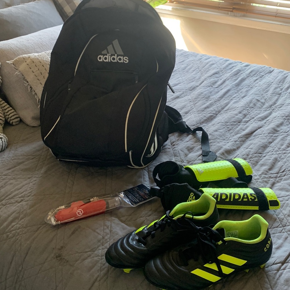 Adidas soccer set! Bag, cleats, shinguards, pump, scrunches.